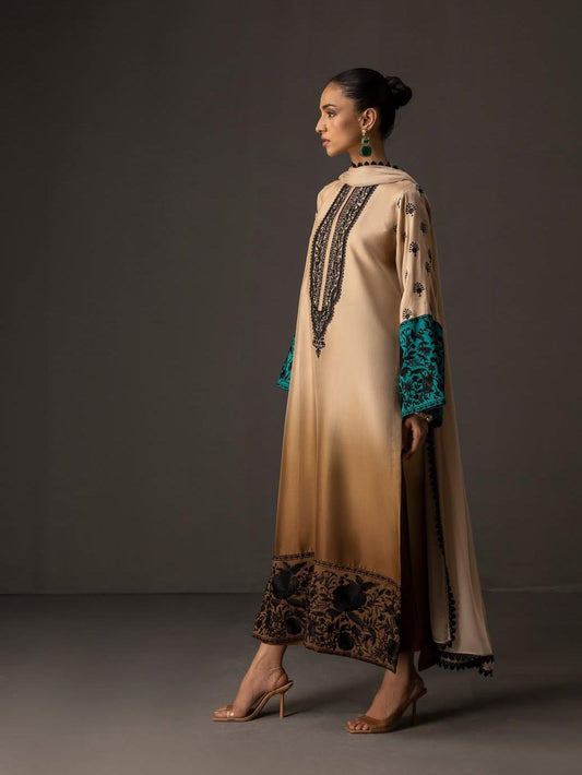 Ombre Beige & Teal Embroidered Dress