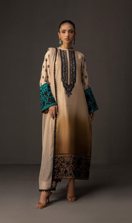 Ombre Beige & Teal Embroidered Dress