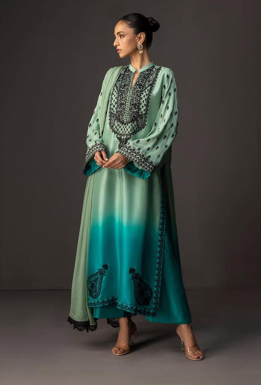 Ombre Mint to Teal Embroidered Kurta Set