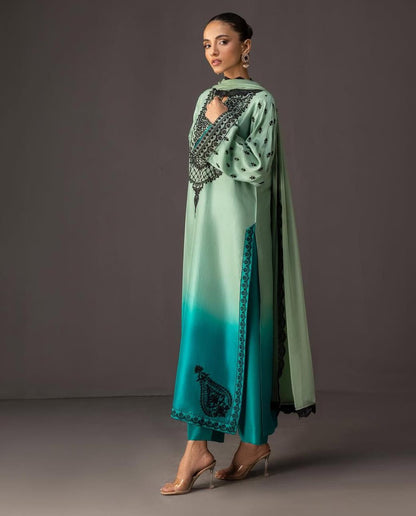 Ombre Mint to Teal Embroidered Kurta Set