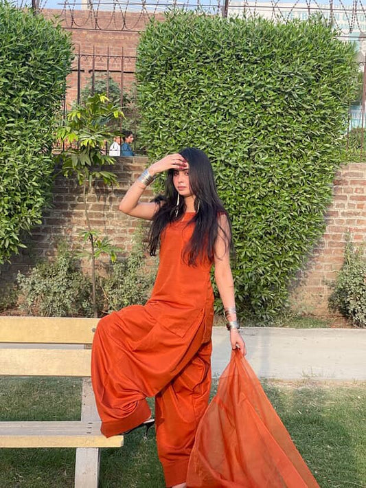 Rust Orange Grace – Contemporary Saree-Inspired Set